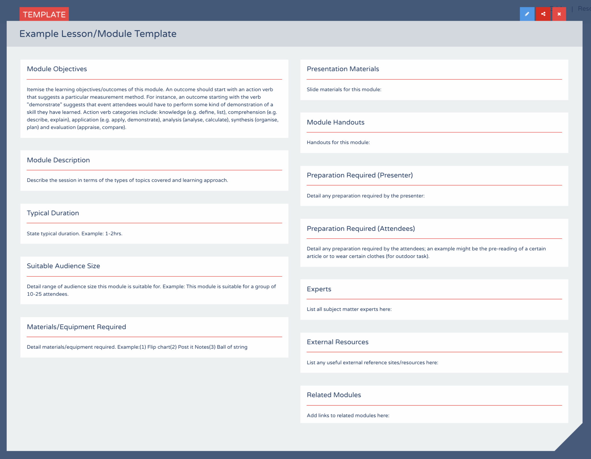 Example Lesson Plan (Training Module) Template Blog Method Grid