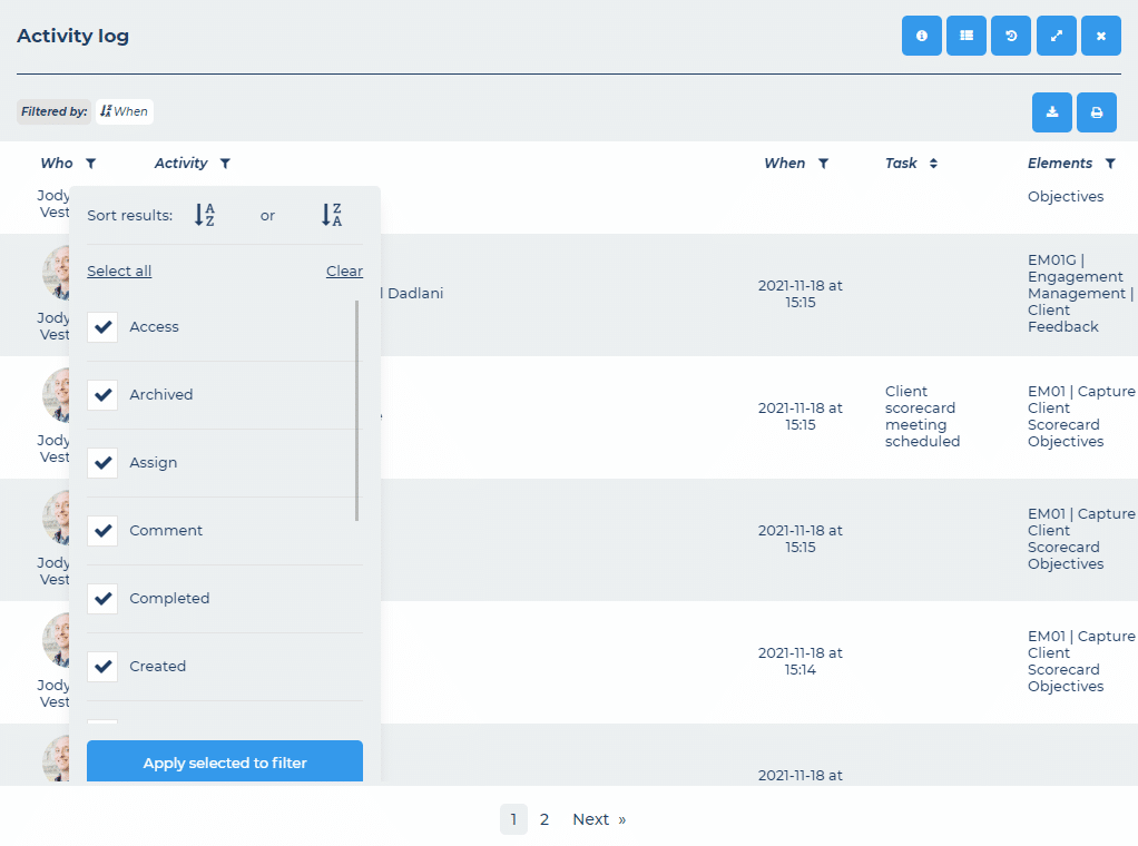 Activity Log Filters