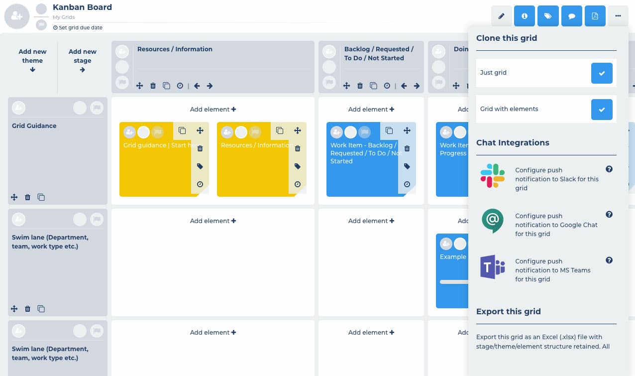 Kanban board online with online chat integrations (Slack, Microsoft Teams and Google Chat)