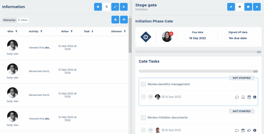 Stage gates information and activity log