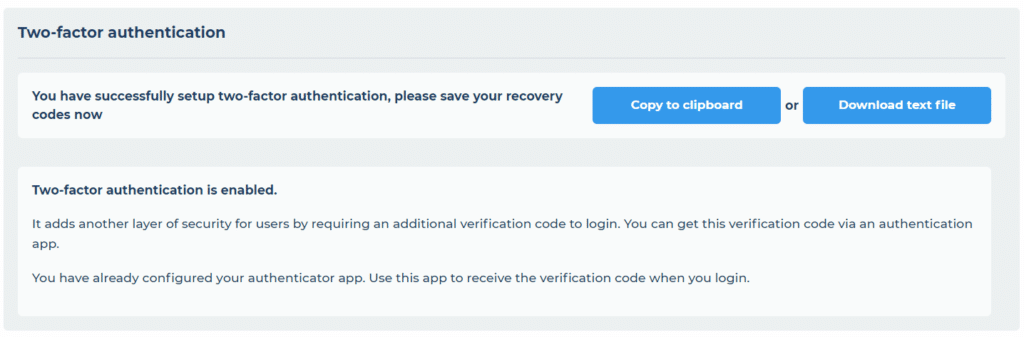 Recovery code interface