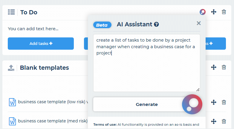Prompt to the AI Assistant to create tasks for creating a project business case