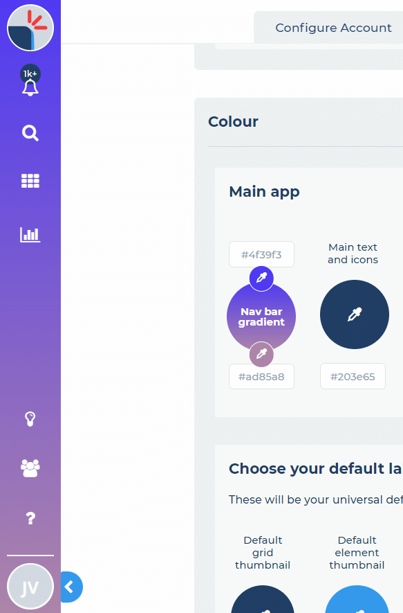 The main navigation bar with custom colours applied