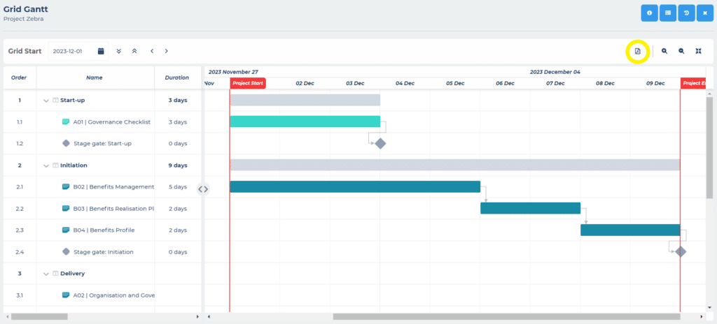Gantt showing the position of the export to PDF button